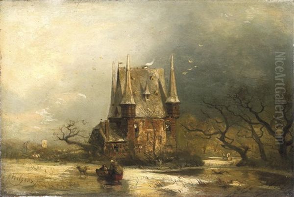 Verschneite Winterlandschaft Mit Romantischem Wasserschlos Oil Painting by Carl Hilgers