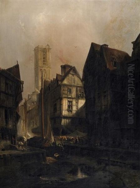 Trocken Aufliegende Fischerboote Inmitten Eines Bretonischen Stadtchens. Am Kai Reges Marktreiben Vor Der Kulisse Der Alten Fachwerkhauser Oil Painting by Carl Hilgers