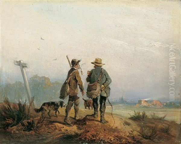 Die Ruckkehr Von Der Jagd. Landschaft Mit Zwei Jagern Oil Painting by Carl Hilgers