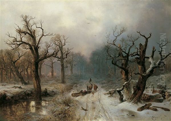 Holzfaller Im Winterwald Bei Sonnenuntergang Oil Painting by Carl Hilgers