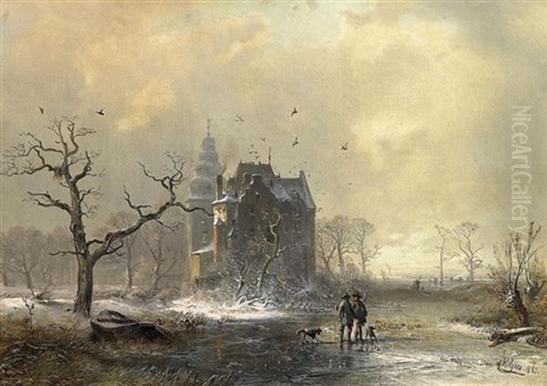 Wintertag. Zwei Jager Mit Ihren Hunden Vor Romantischem Schloss In Weiter Hollandischer Winterlandschaft Oil Painting by Carl Hilgers