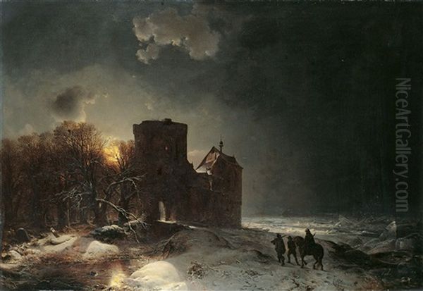 Abendliche Winterlandschaft Mit Einem Kastell An Einem Zugefrorenen Fluss Oil Painting by Carl Hilgers