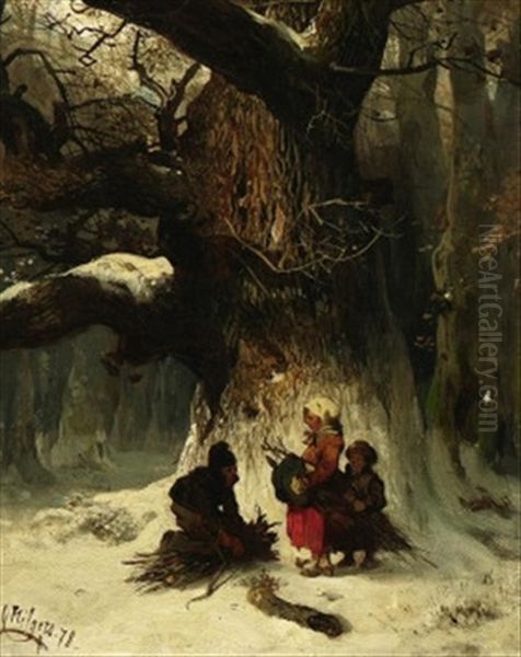 Im Winterwald. Drei Kinder Beim Reisigsammeln Unter Einer Grosen Eiche Oil Painting by Carl Hilgers