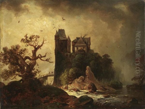 Romantische Fluslandschaft. Auf Einem Steilen Felsen, Inmitten Des Flusbettes, Eine Feste Burg Oil Painting by Carl Hilgers