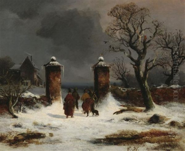 Auf Dem Weg Zur Poststation. Musikanten In Verschneiter Winterlandschaft Oil Painting by Carl Hilgers