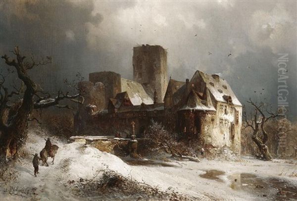 Winterabend: Heimkehrende Soldaten Vor Einem Wasserschlos Oil Painting by Carl Hilgers