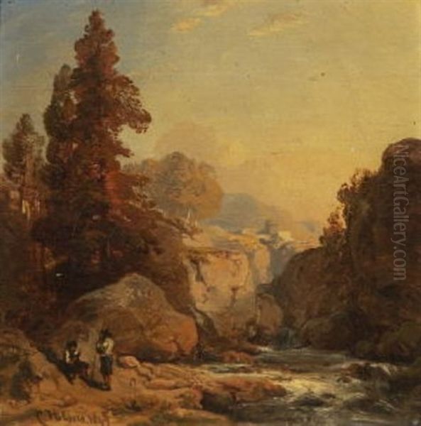 Gebirgsbach. Vorne Am Ufer Zwei Hirten Oil Painting by Carl Hilgers