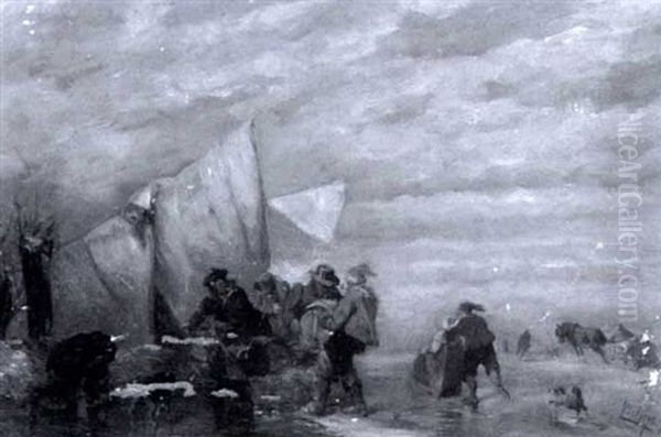 Fishermen Unloading Horsedrawn Carts On The Shore (+ Another Similar; Pair) Oil Painting by Carl Hilgers