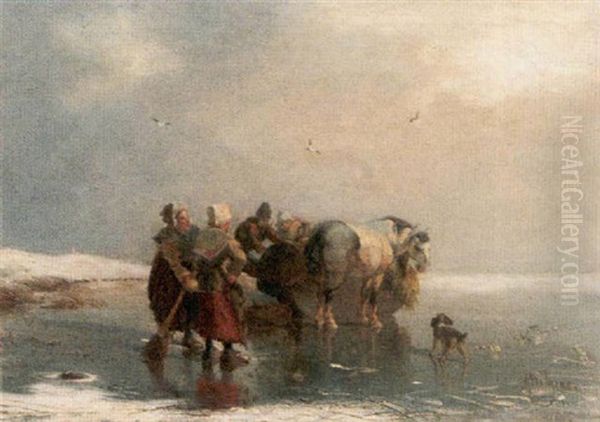 Bauern Mit Pferd Und Zugschlitten Auf Der Zugefrorenen See Oil Painting by Carl Hilgers