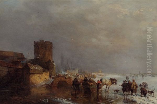 A Frozen Waterway With Skaters And A Horse-drawn Sledge By A Koek En Zopie Stand Oil Painting by Carl Hilgers