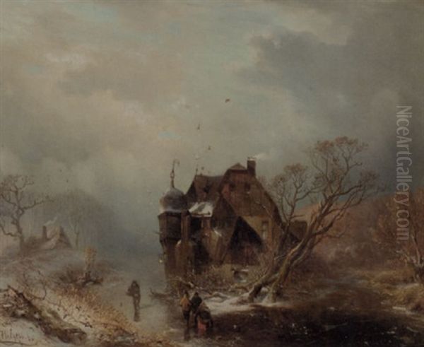 Figures On The Ice By A Mansion Oil Painting by Carl Hilgers