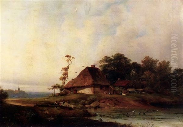 Landschaft Mit Riedgedeckten Bauernhausern Vor Einem Wald Am Teich Oil Painting by Carl Hilgers