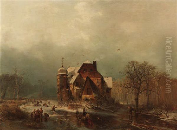 Eisvergnugen Vor Einer Niederrheinischen Wasserburg Oil Painting by Carl Hilgers