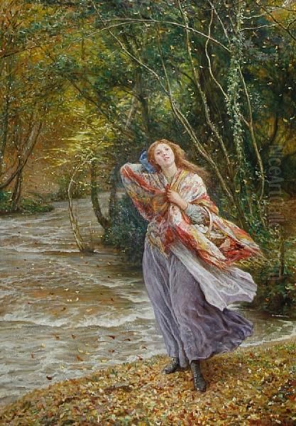 Girl By A Woodland Stream Oil Painting by Edgar Barclay