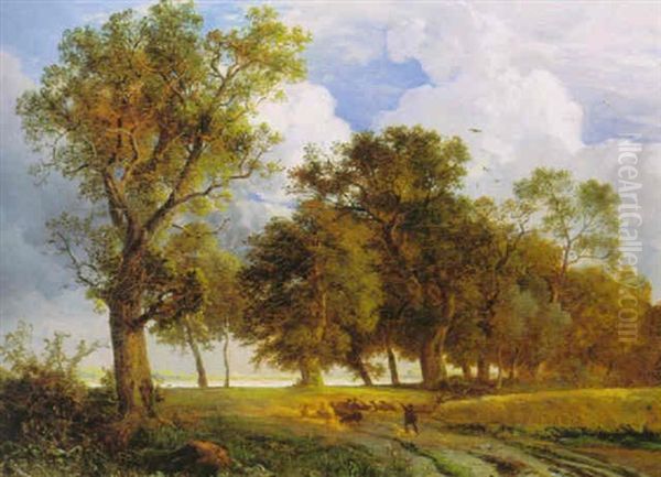 Summer Landscape With A Shepherd Tending To His Flock Oil Painting by Carl Hilgers