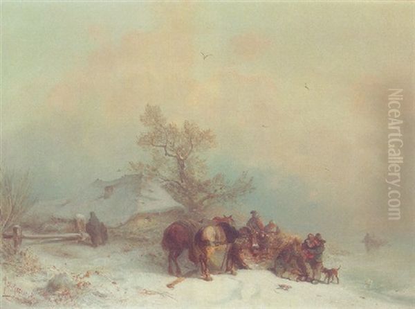 A Winter Landscape With Figures By A Horse-drawn Sledge Oil Painting by Carl Hilgers