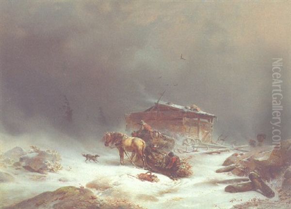 Peasants And A Horse-drawn Sledge In A Snowstorm Oil Painting by Carl Hilgers