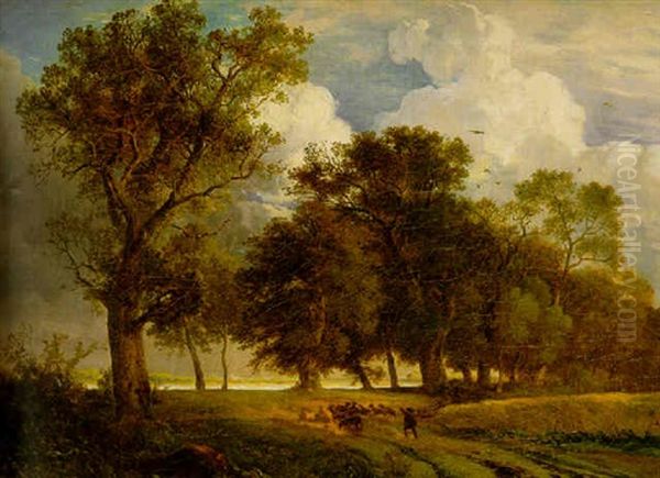 Shepherd Driving His Flock In A Wooded Landscape Oil Painting by Carl Hilgers