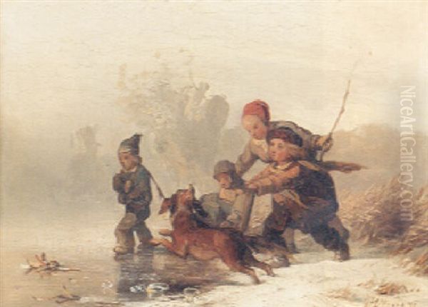 Children Playing At The Edge Of A Frozen Lake Oil Painting by Carl Hilgers