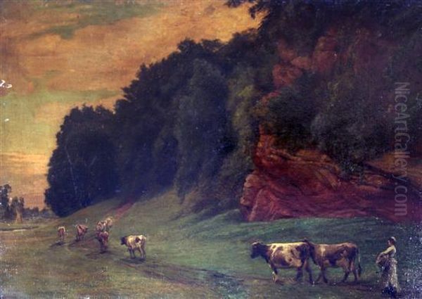 Cattle Drover In A Landscape & Farmhands At Rest Oil Painting by Edgar Barclay