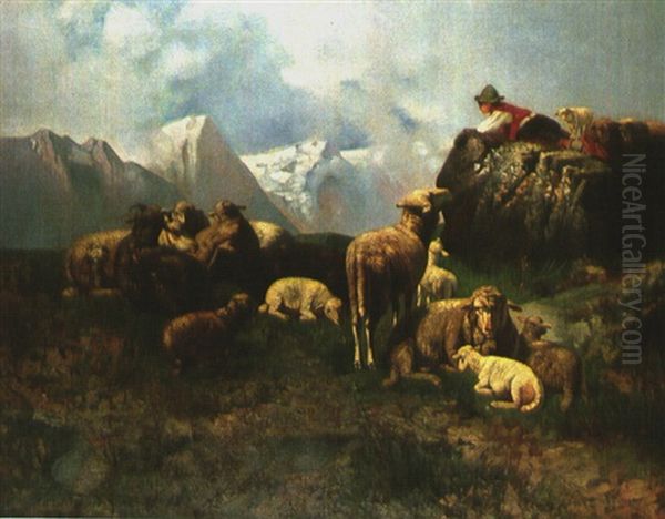 Schafherde Mit Hirte In Den Bergen Oil Painting by Georg Hilgers