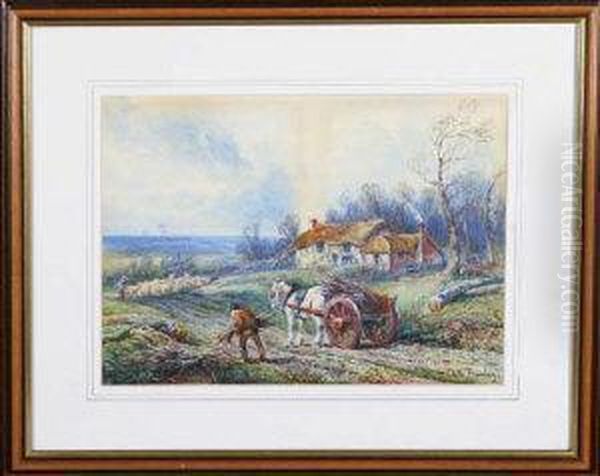 A Horse Cart And A Flock Of Sheep Near A Thatched Farmhouse Oil Painting by Edith Lord Barclay