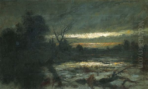 Solnedgang Over Mork Tjarn Oil Painting by Carl Fredrik Hill