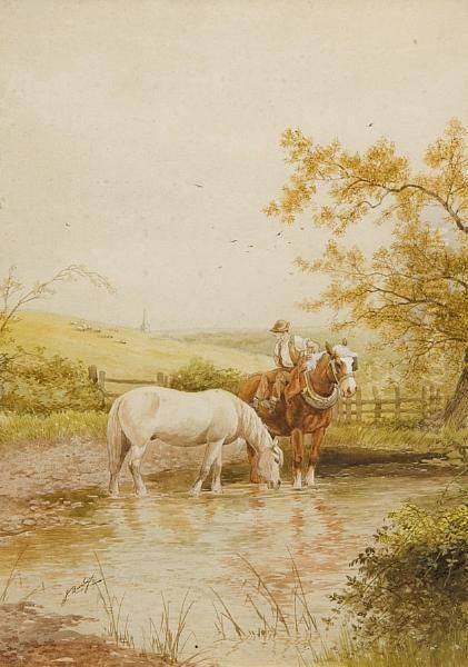 Work Horses Watering At A Stream Oil Painting by John Barclay