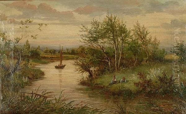 Figures Resting By A River In A Country Landscape Oil Painting by John Barclay