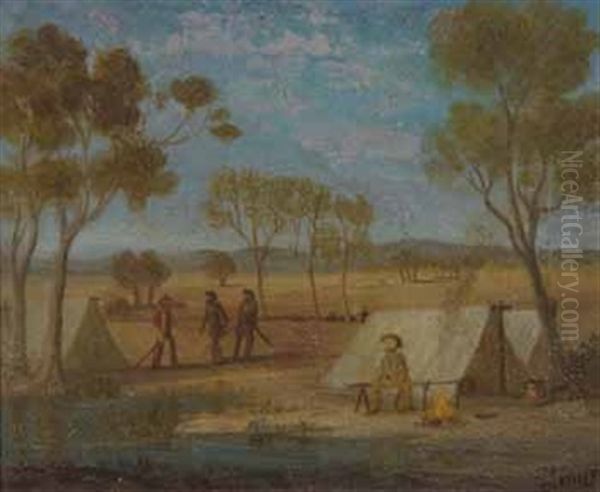 Early Australian Bush Camp Oil Painting by Charles Hill