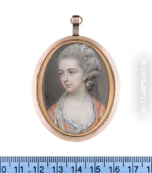 A Lady, Wearing Orange Dress With Blue Trim To Her Decollete, Her Sleeves Slashed To Reveal White Chemise Visible At Her Decollete, Her Powdered Wig Dressed With A White Turban Oil Painting by Diana Dietz Hill