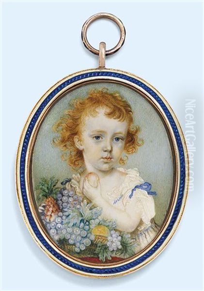 A Young Child Of The Graham Family With Red Hair, In Loose White Shift With Blue Ribbons Tied At Shoulders, Next To A Table... Oil Painting by Diana Dietz Hill