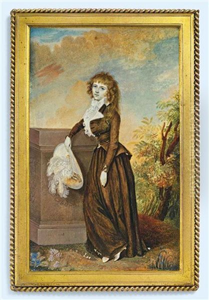 Mrs Robert Graham, In A Landscape, Leaning Against A Stone Pillar, In Brown Riding Habit, Frilled White Cravat, Holding A Cream Hat With White Plumes... Oil Painting by Diana Dietz Hill