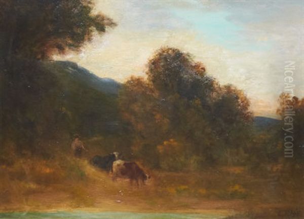 Cattle And Herder Oil Painting by Edward Rufus Hill