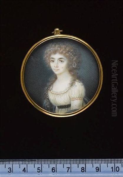 A Young Lady Wearing White Dress With Light Brown Decorative Trimming And Dark Brown Waistband, Blue Cloak Wrapped Around Her Arms, Pearls Adorn Her Powdered Hair Oil Painting by Friedrich Jakob Hill