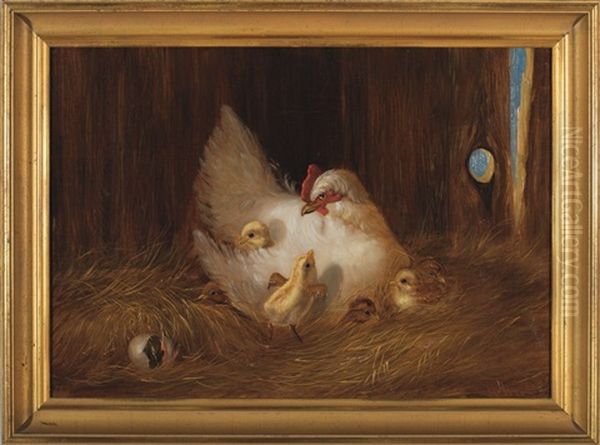 Mother Hen With Chicks Oil Painting by Hattie Hutchcraft Hill