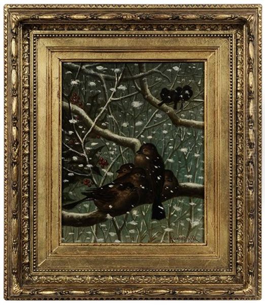 Birds On Branches In Snowfall, Holly Berries Oil Painting by Howard L. Hill