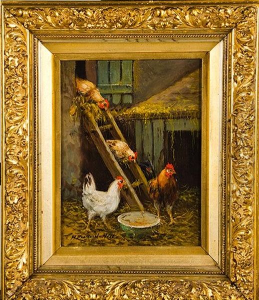 Chicken In Barnyard Oil Painting by Howard L. Hill