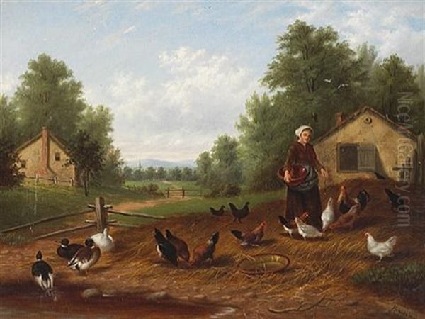 A Farm Scene With Ducks And Chickens Oil Painting by Howard L. Hill