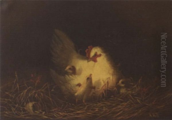 Chicken And Chicks In The Nest Oil Painting by Howard L. Hill