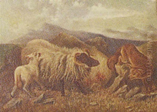 Landscape With An Ewe Protecting Her Lambs From A Fox, Mountains In The Background Oil Painting by Howard L. Hill