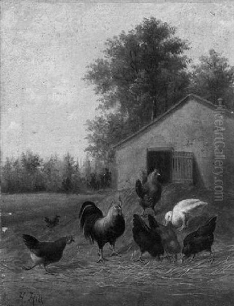 Poultry In A Barnyard Oil Painting by Howard L. Hill