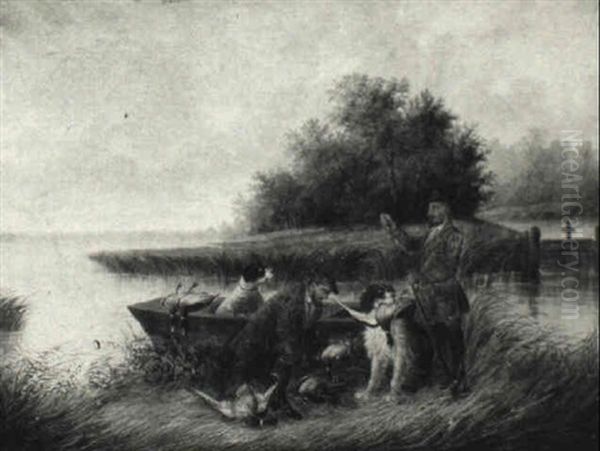 Hunters With Dogs And Ducks Oil Painting by Howard L. Hill