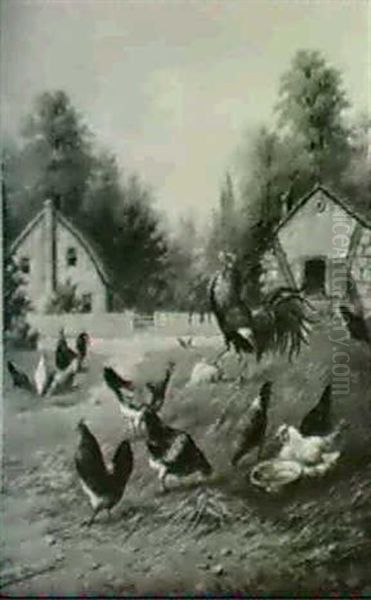 Roosters And Hens Oil Painting by Howard L. Hill