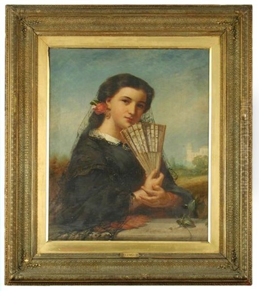 Portrait Of A Spanish Girl In A Lace Mantilla Oil Painting by James John Hill