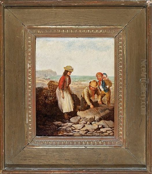 Children Foraging On The Sea Shore Oil Painting by James John Hill