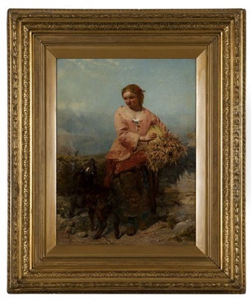 Young Girl Holding Wheat With A Goat Oil Painting by James John Hill