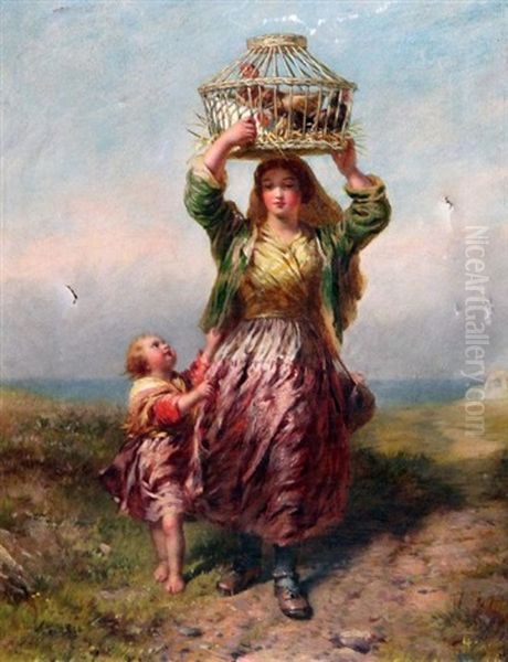 Woman And Child Carrying Chickens On A Coastal Path Oil Painting by James John Hill