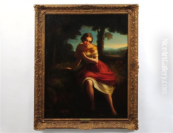 Maiden In A Landscape Bathing Feet Oil Painting by James John Hill