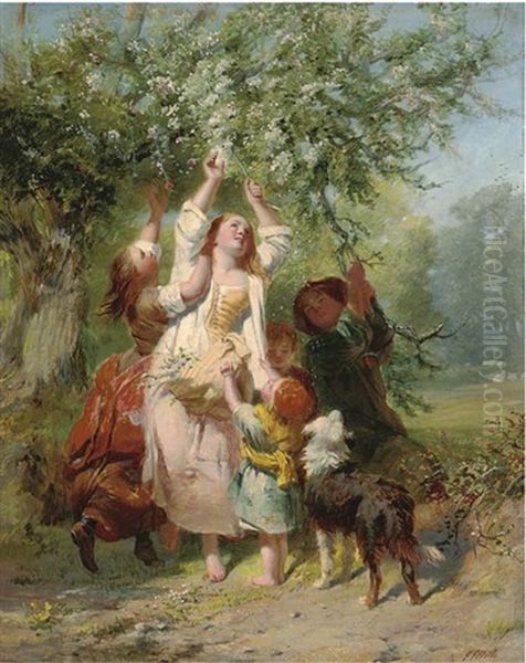 Springtime Blossom Gatherers Oil Painting by James John Hill